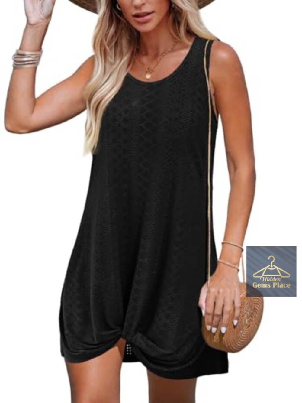 Women Eyelet Twisted Tank Swim Coverup Sleeveless Beach Dress